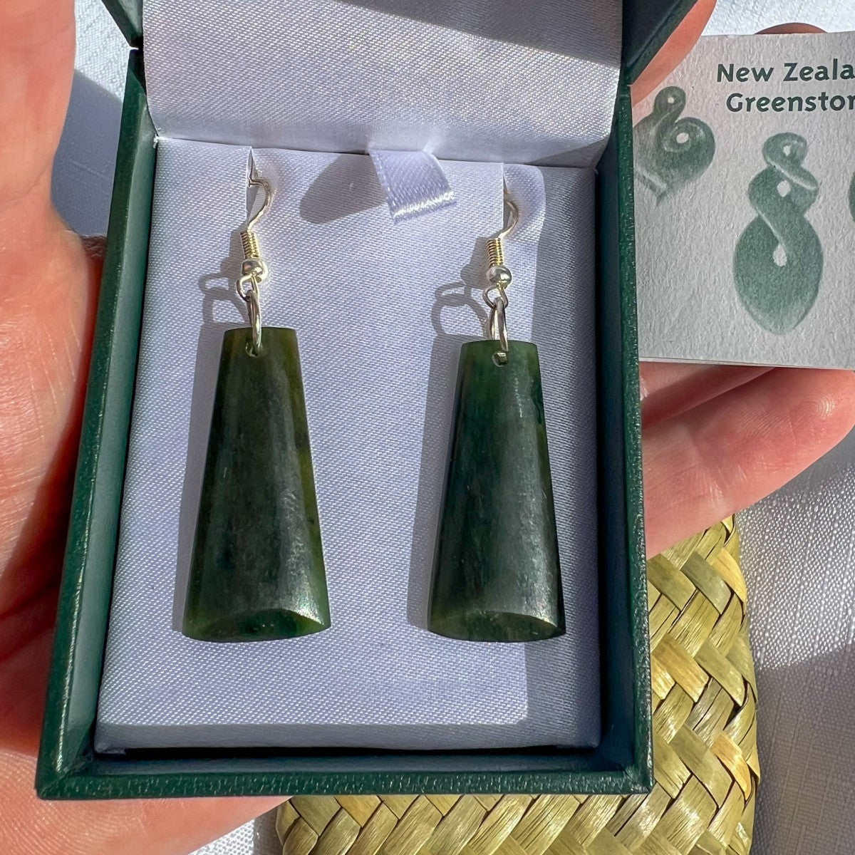 35mm New Zealand greenstone toki earrings β genuine pounamu symbolising strength, determination, and leadership. Presented in gift box with meaning card. Ships fast from Australia. Free shipping on orders over $100.