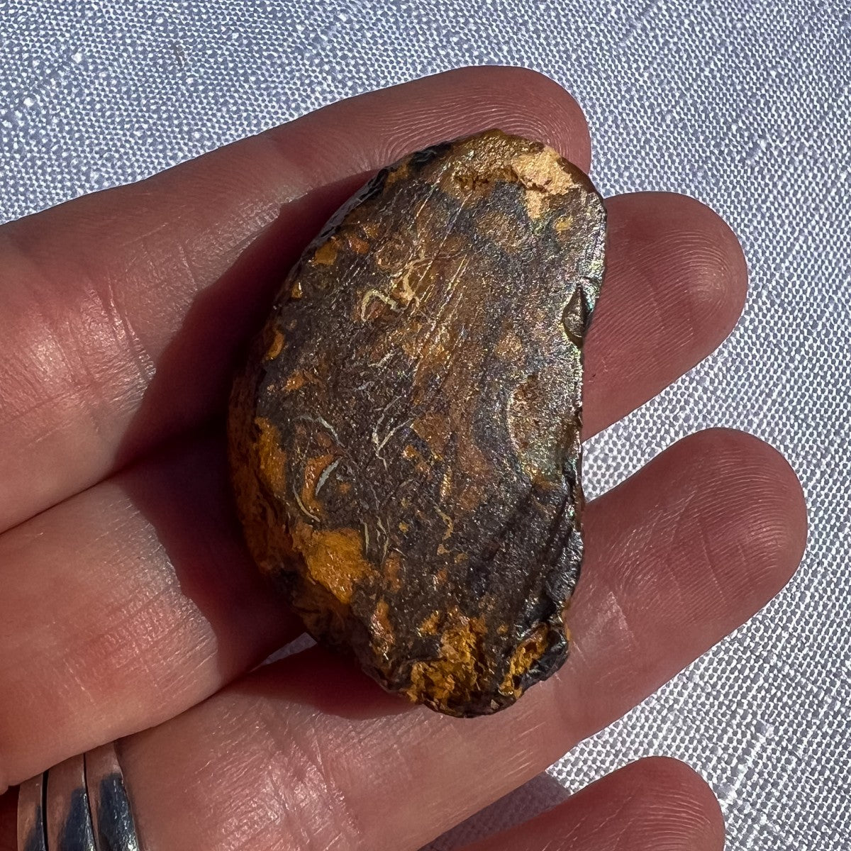 A hand holding a rough, polished brown and gold stone or mineral specimen against a textured light gray fabric background.