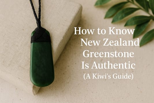 New Zealand greenstone toki pendant on a neutral background with fern accents, featuring text about how to identify authentic pounamu.