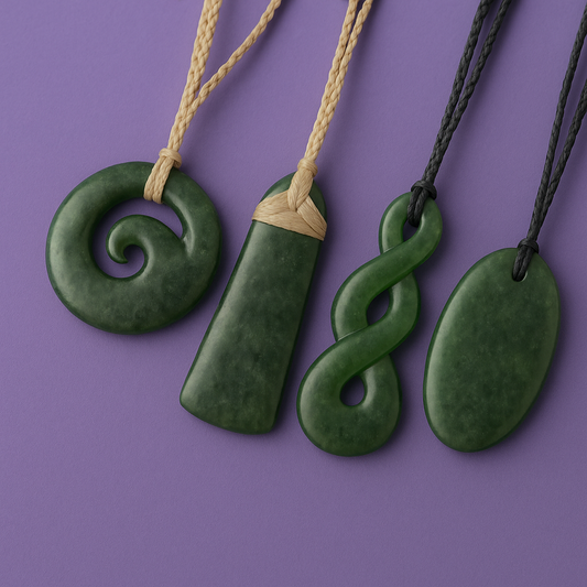 Authentic New Zealand greenstone (pounamu) pendants — koru, toki, twist and oval designs showing natural colour variations.