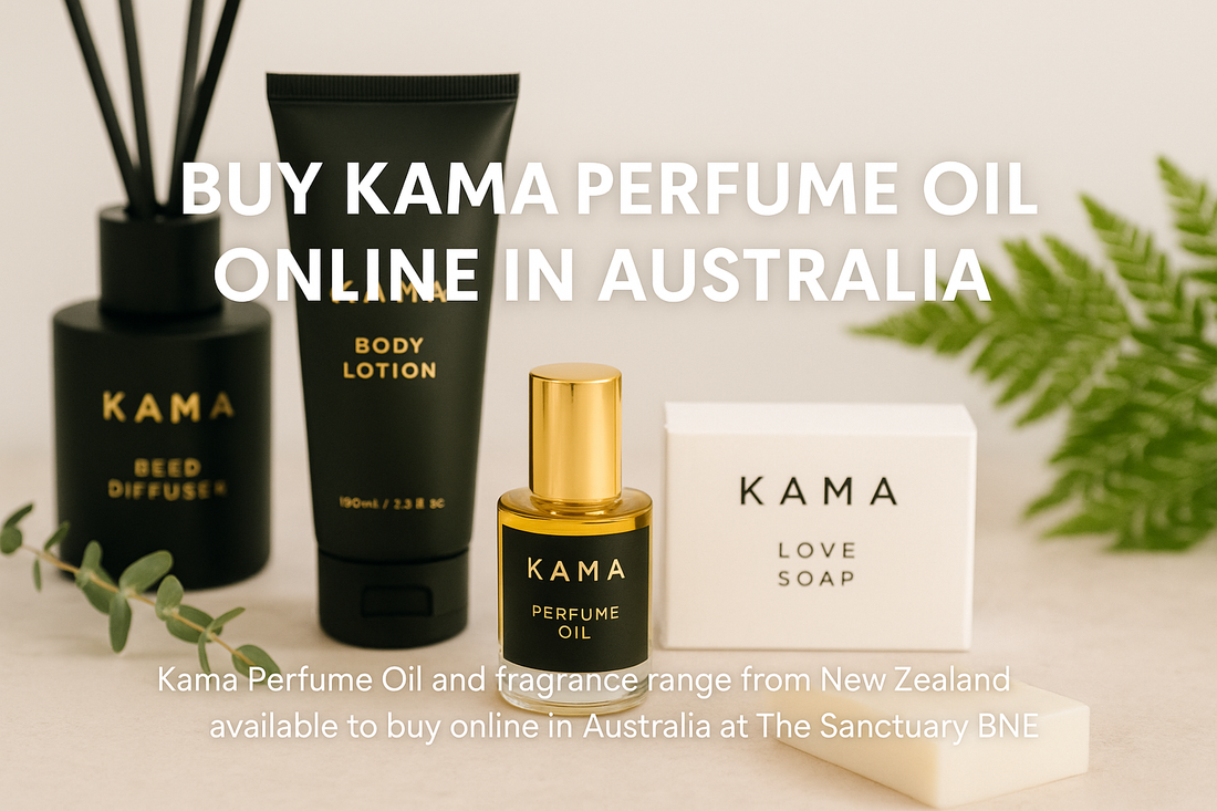 Kama Perfume Oil and fragrance range – perfume oil, body lotion, soap, and reed diffuser in black and gold packaging – displayed on a neutral background with ferns. Text overlay reads “Buy Kama Perfume Oil Online in Australia