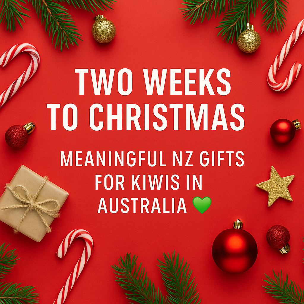 "Christmas flat lay with red background, baubles, candy canes and greenery, featuring text ‘Two Weeks to Christmas – Meaningful NZ Gifts for Kiwis in Australia’."