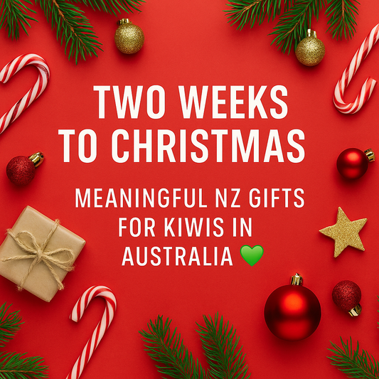 "Christmas flat lay with red background, baubles, candy canes and greenery, featuring text ‘Two Weeks to Christmas – Meaningful NZ Gifts for Kiwis in Australia’."
