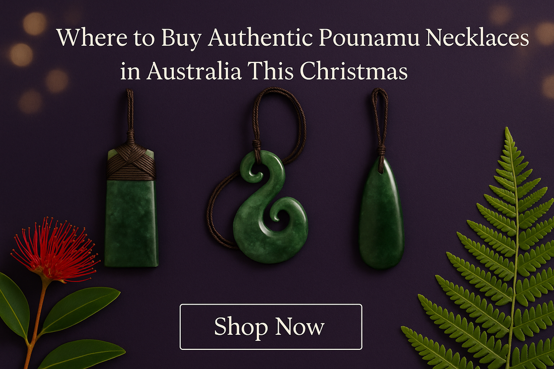 Kiwi Christmas hero image featuring authentic pounamu pendants (toki, koru and roimata) with cords, surrounded by pōhutukawa flowers and fern leaves on a dark purple background, with a Shop Now button.