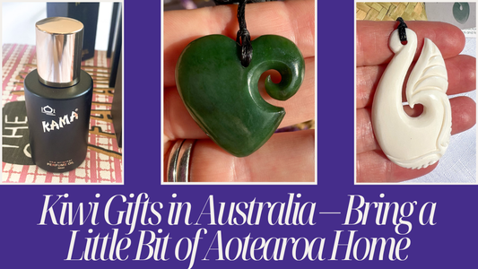 Authentic Kiwi gifts in Australia – Whittaker’s chocolate, Kama perfume oil, and greenstone pendant from The Sanctuary BNE.
