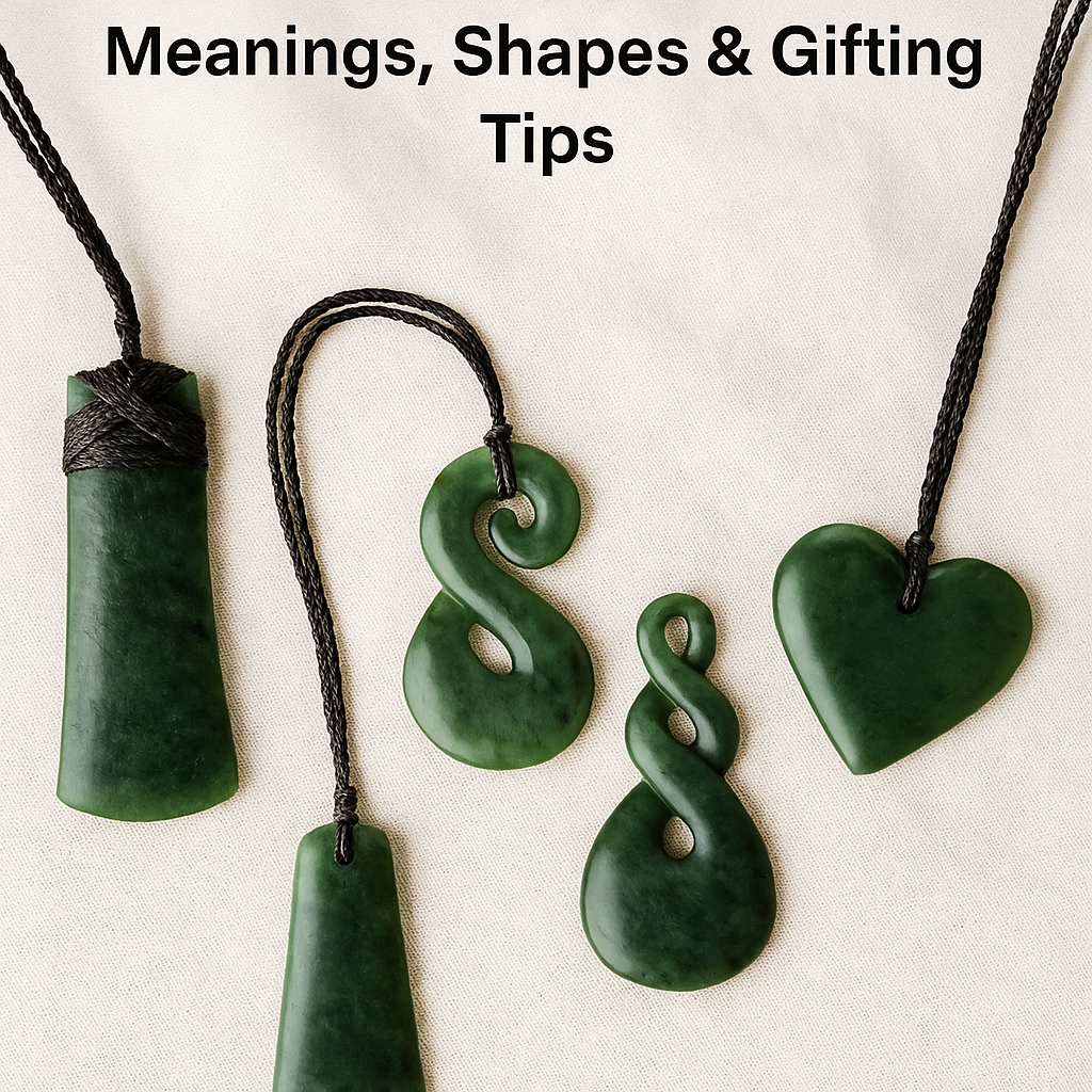 Four New Zealand greenstone pendants – toki, koru, twist and heart – displayed on fabric, illustrating pounamu shapes and their meanings.
