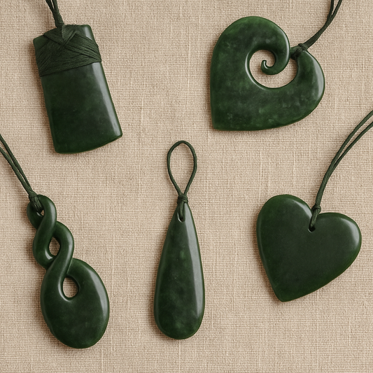 Five New Zealand greenstone pendants — toki, koru, twist, roimata and heart — arranged on beige fabric for the Top 5 Greenstone Gifts for Homesick Kiwis blog.”
