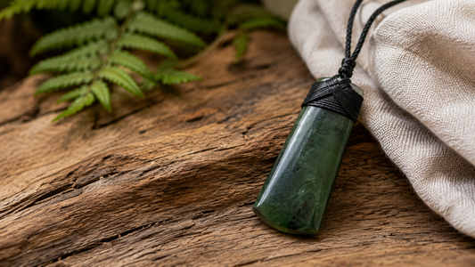 Authentic New Zealand greenstone toki pendant on weathered timber with linen fabric, representing strength, courage and resilience.