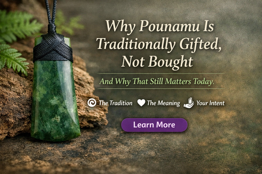 Authentic New Zealand pounamu pendant displayed on natural stone with text explaining why pounamu is traditionally gifted, not bought.