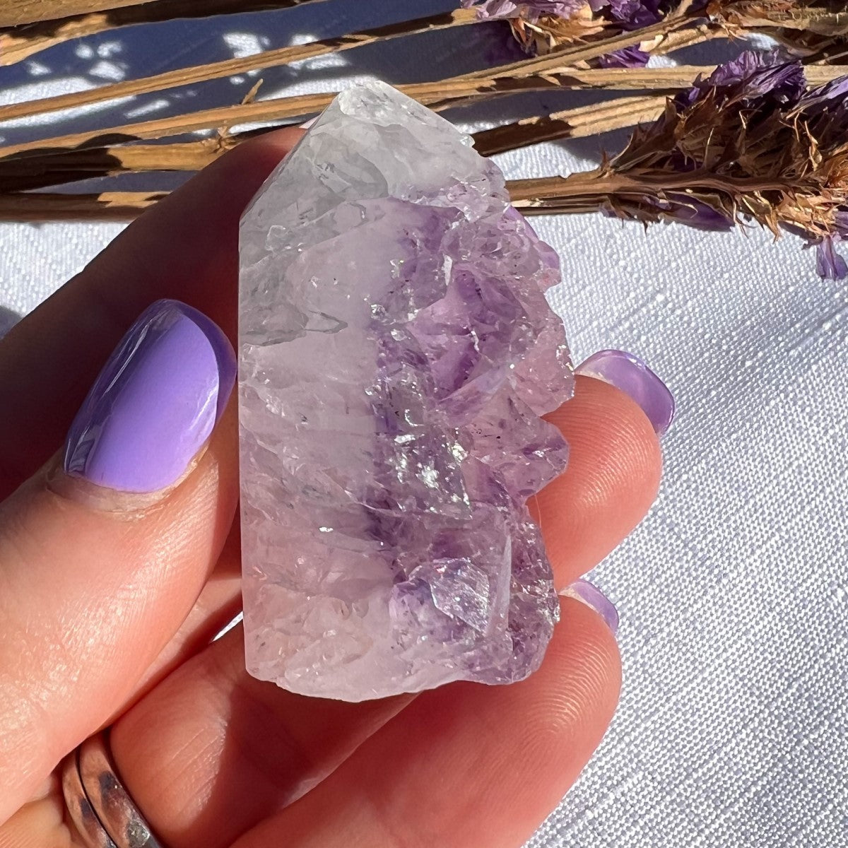 Clear Quartz Druzy Standing Point w/ Amethyst Inclusion
