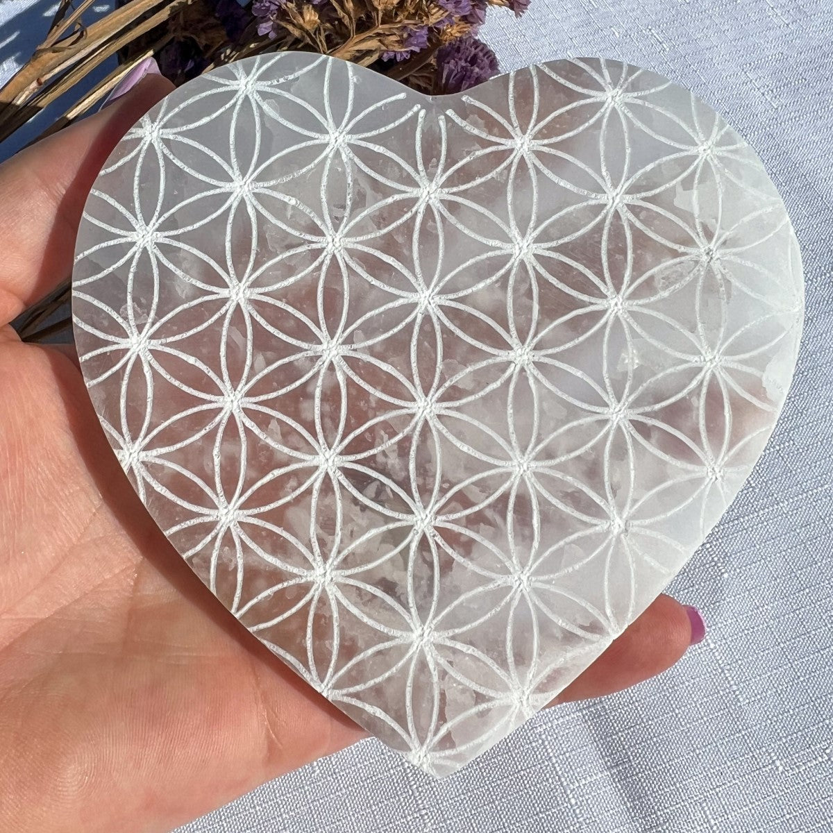 Engraved Selenite Heart Charging Plate