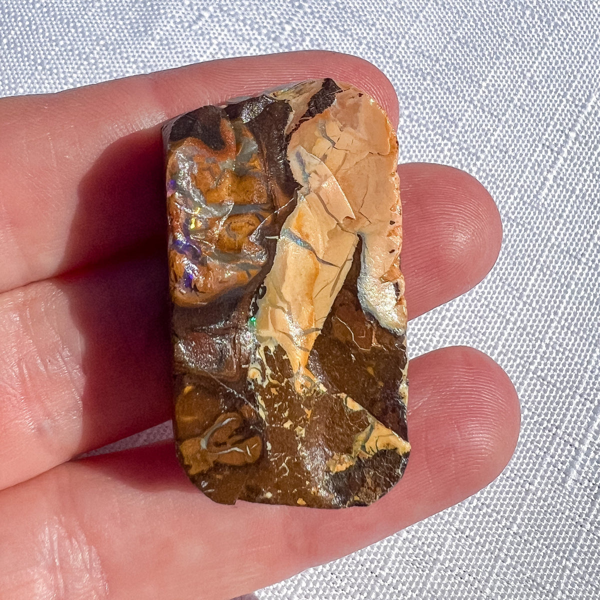 Queensland boulder opal specimen with brown ironstone, cream patches and small green and violet flashes, held in a hand