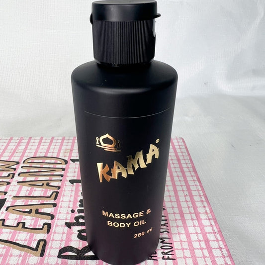 Kama Massage & Body Oil in plastic bottle – infused with original Kama perfume scent, available to buy online in Australia
