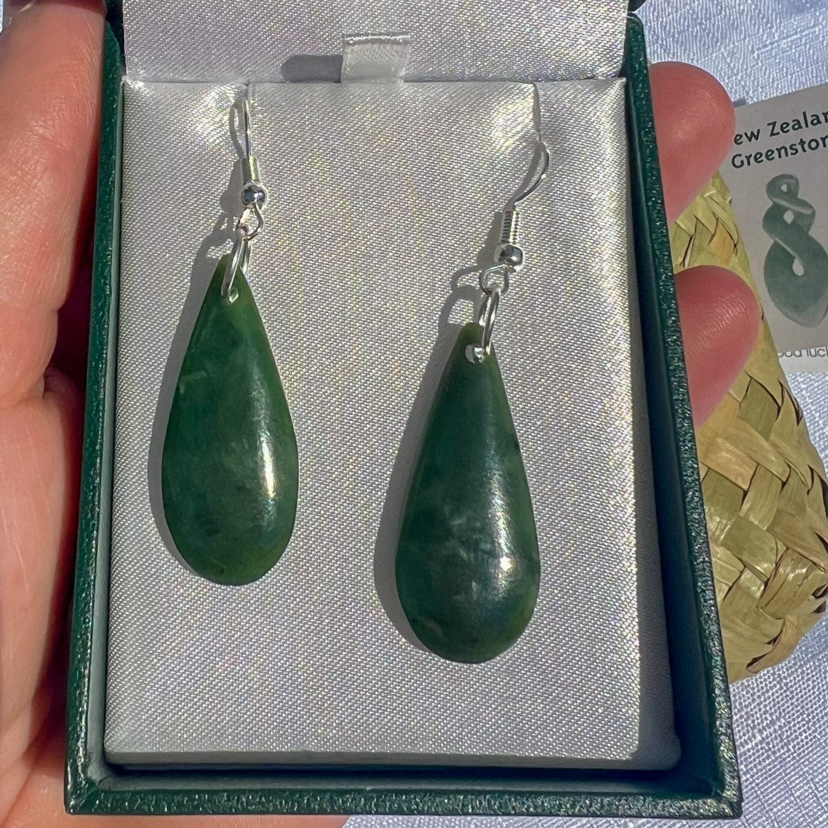 30mm New Zealand greenstone earrings – genuine pounamu hand-carved in NZ. Elegant drop design. Presented in gift box with meaning card. Ships fast from Australia. Free shipping automatically included.
