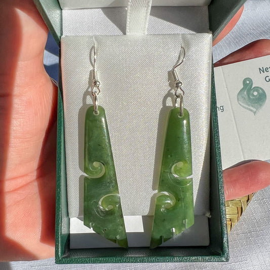 NZ Greenstone Koru Tri Earrings 55mm – Symbol of New Beginnings