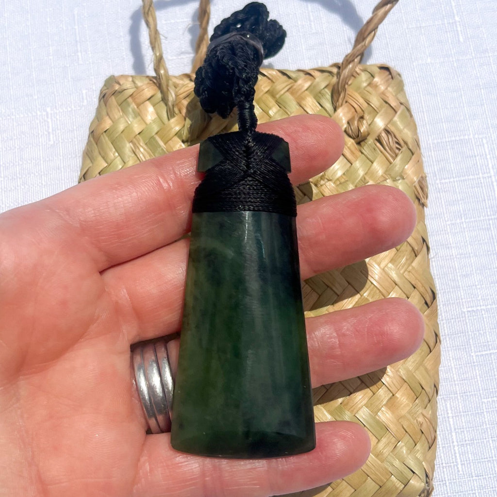 70mm New Zealand greenstone toki necklace – genuine pounamu symbolising courage, determination, and leadership. Adjustable cord. Includes kete and meaning card. Ships fast from Australia. Free shipping automatically included.