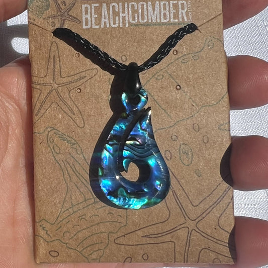 NZ Paua Shell Fish Hook Necklace 35mm | Hei Matau Pendant
