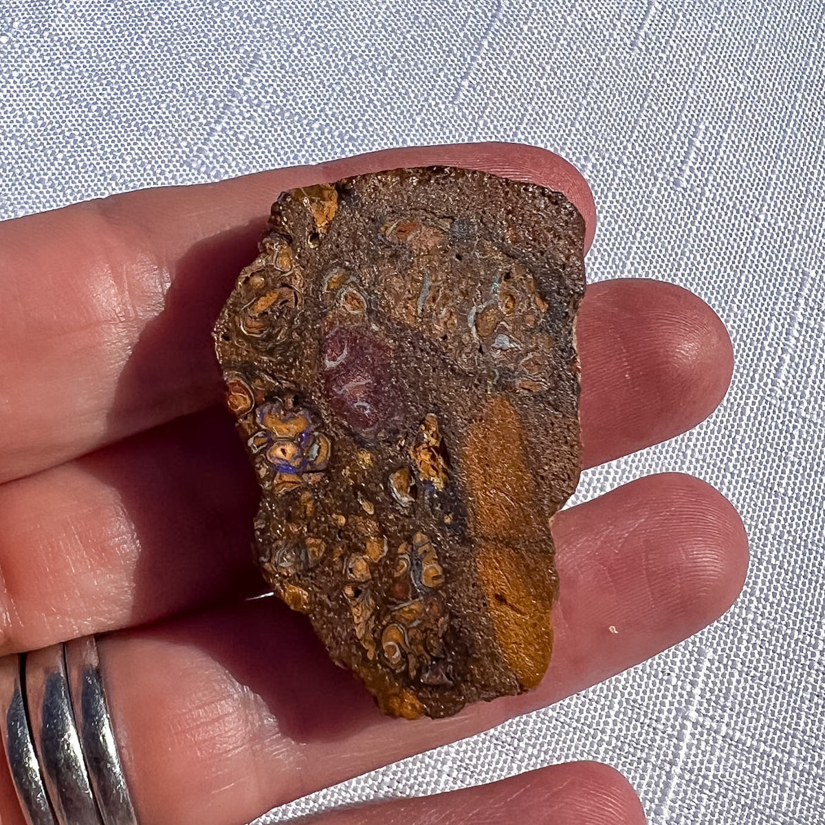 Queensland boulder opal specimen with brown and ochre patterns and small blue-violet highlights, held in a hand for scale
