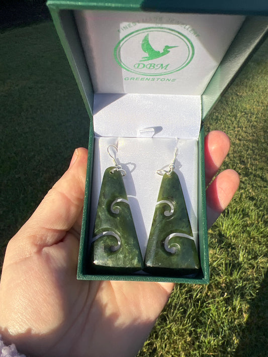 New Zealand greenstone double koru earrings – genuine pounamu symbolising growth, harmony, and unity. Ships fast from Australia. Free shipping over $100.