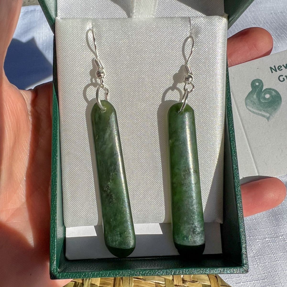 New 50mm New Zealand greenstone earrings – genuine pounamu hand-carved in NZ. Elegant long design. Presented in gift box with meaning card. Ships fast from Australia. Free shipping automatically included. Greenstone Earrings 50mm