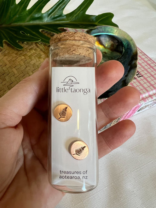 Rose gold silver fern stud earrings by Little Taonga in glass gift bottle – New Zealand symbol jewellery
