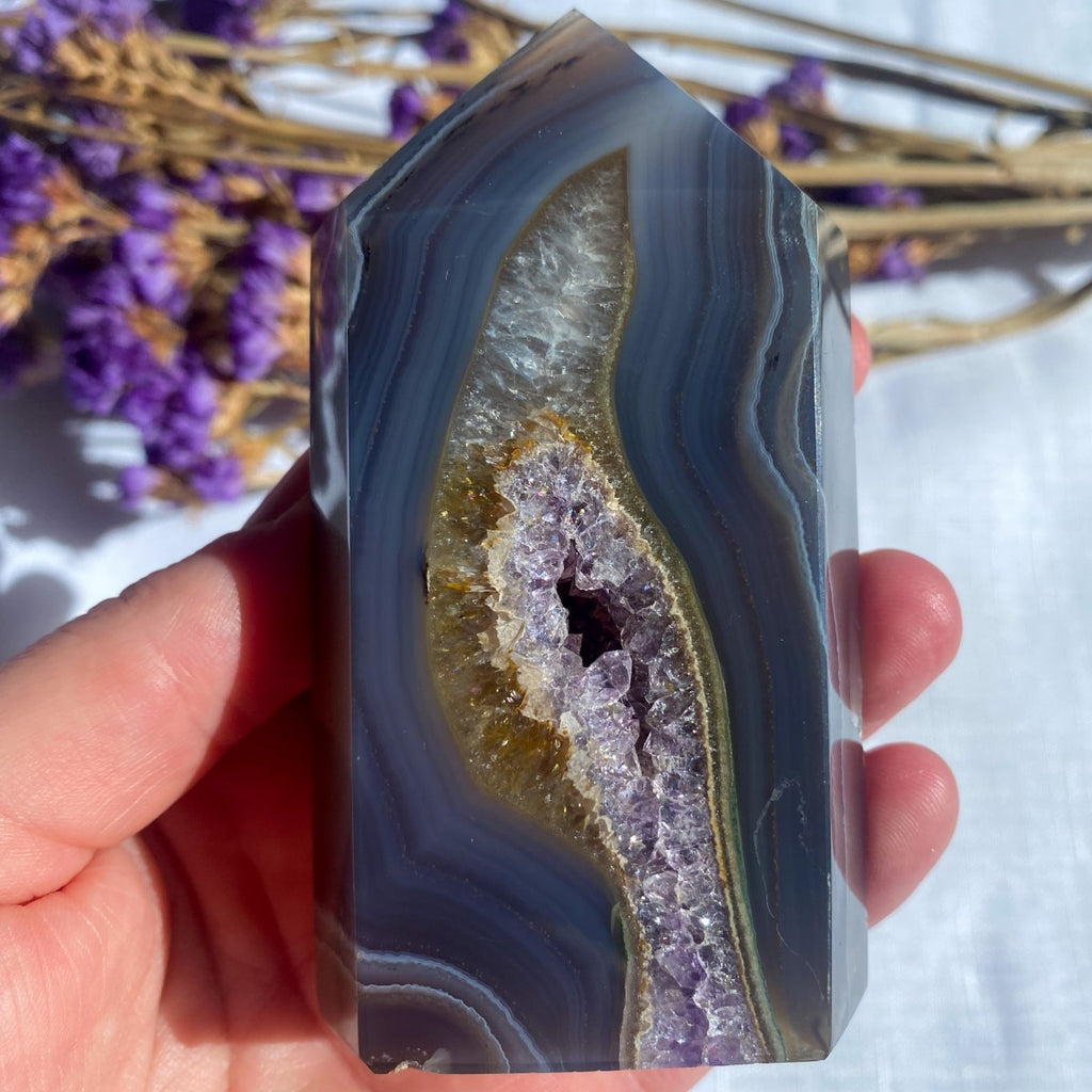 Natural Agate Standing Point w Amethyst Druzy