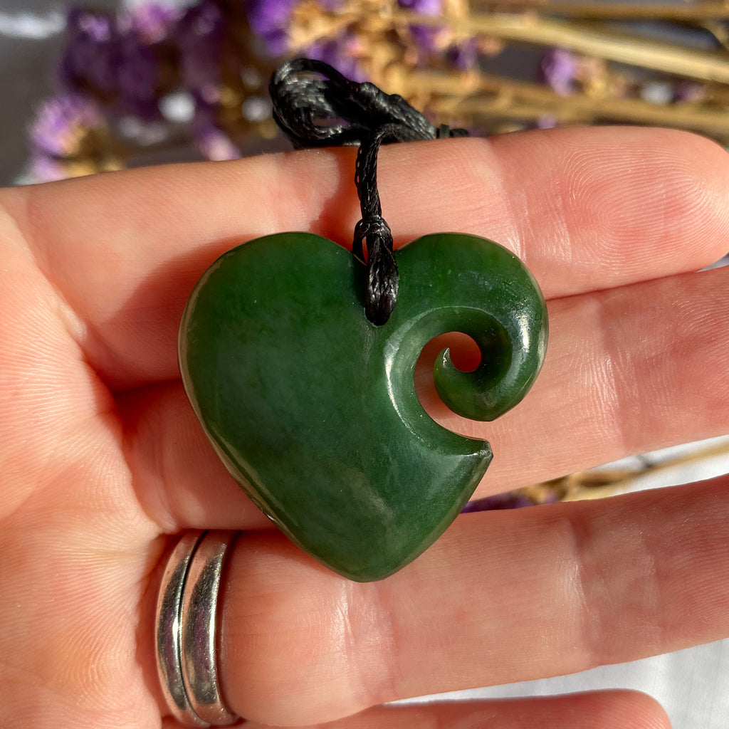 30mm New Zealand greenstone heart koru necklace – genuine pounamu symbolising love, connection, and renewal. Adjustable cord. Includes kete and meaning card. Ships fast from Australia. Free shipping on orders over $100.